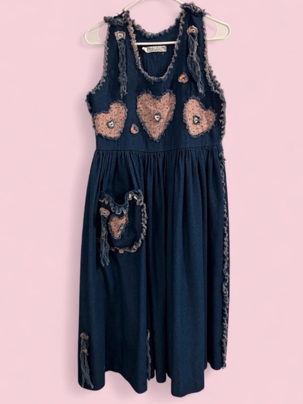 Vintage Dogwood Lane Denim Jumper Dress Floral Heart Patchwork Cottagecore Sz XS